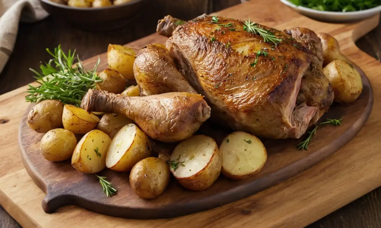 Golden-brown lamb leg, roasted potatoes, fresh herbs, wooden cutting board