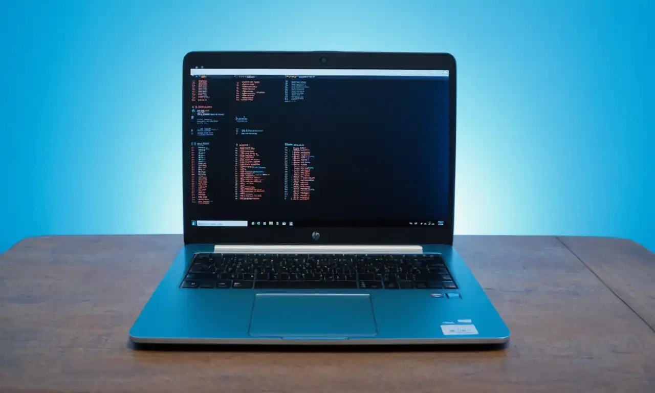 Flechas de Excel bloquadas sobre un fondo azul claro con una laptop HP