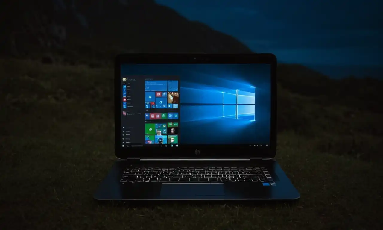 Un laptop HP con pantalla bloqueada y una flecha brillante apuntando hacia arriba