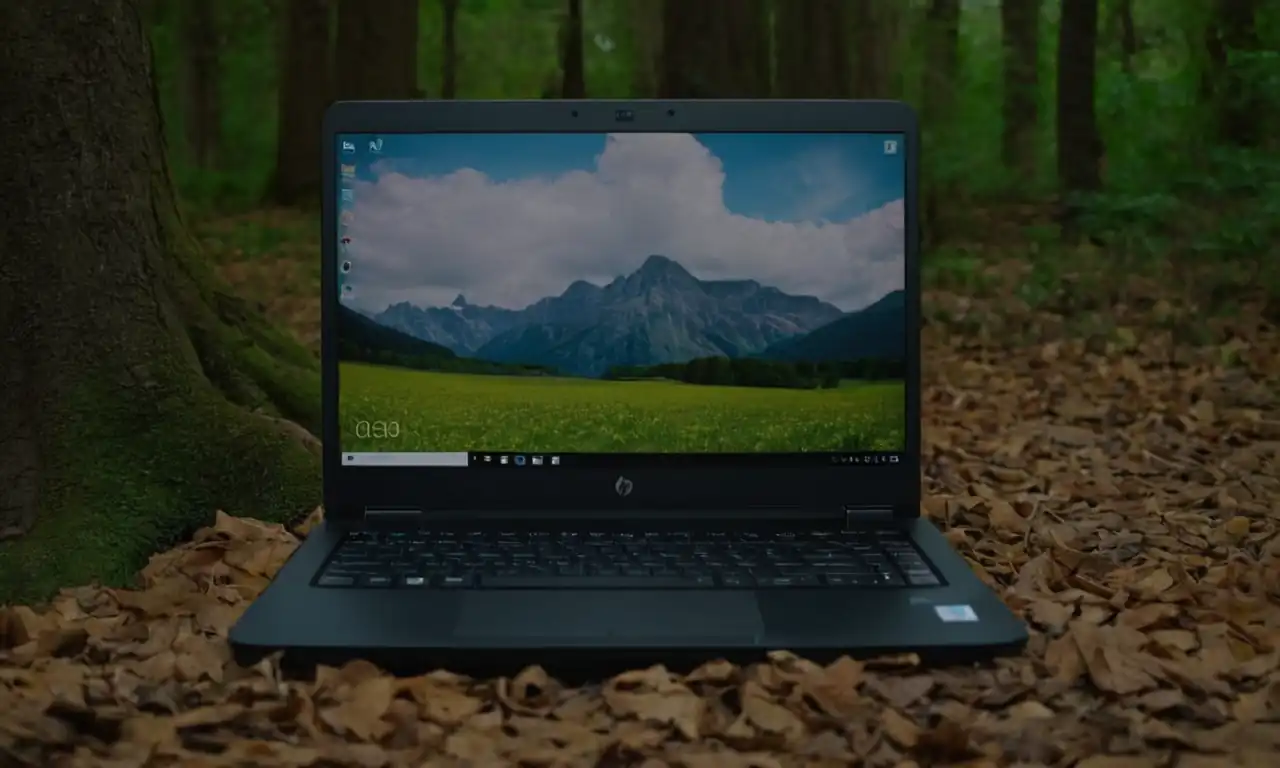 Un laptop HP con pantalla bloqueada y un cursor apuntando a una flecha, rodeado por pizarras y hojas de cálculo