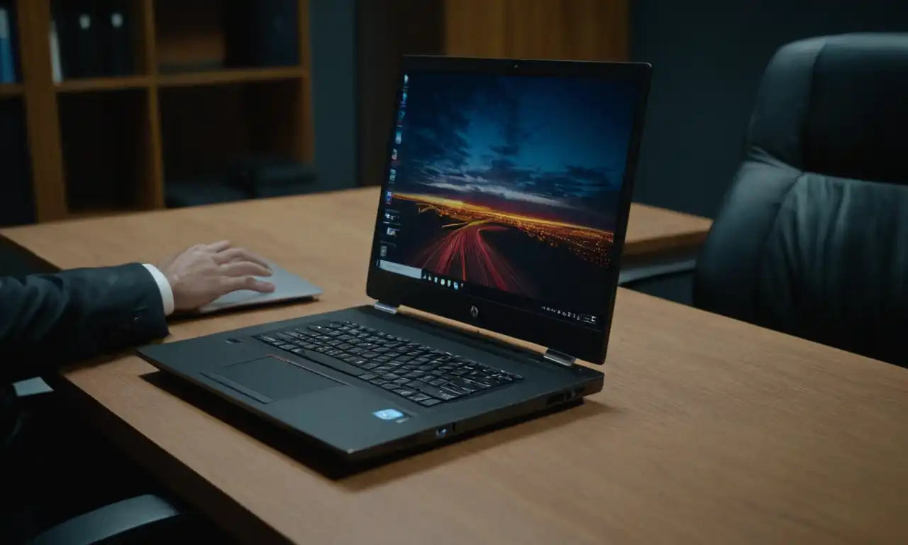Un escritorio de computadora con una laptop HP en primer plano, rodeada de flechas virtuales