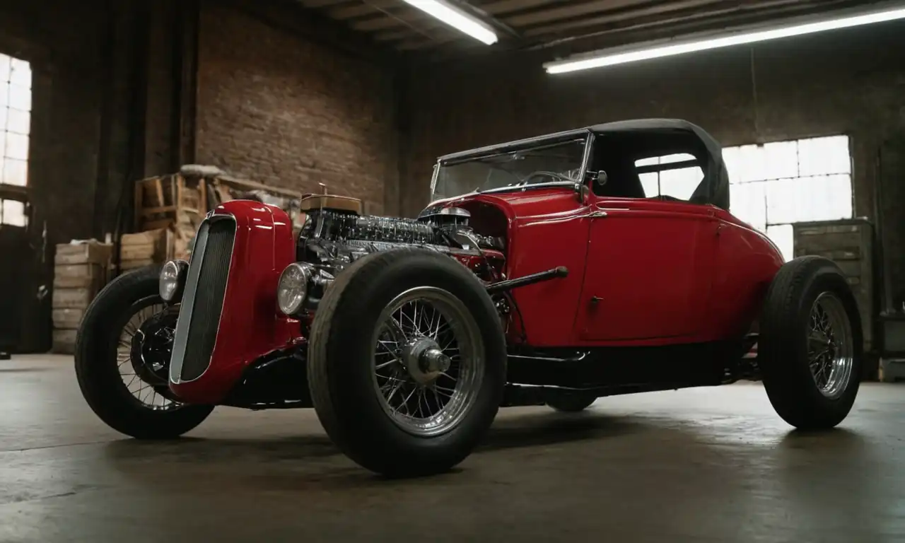 Un coche en un taller mecánico, con una batería desmontada