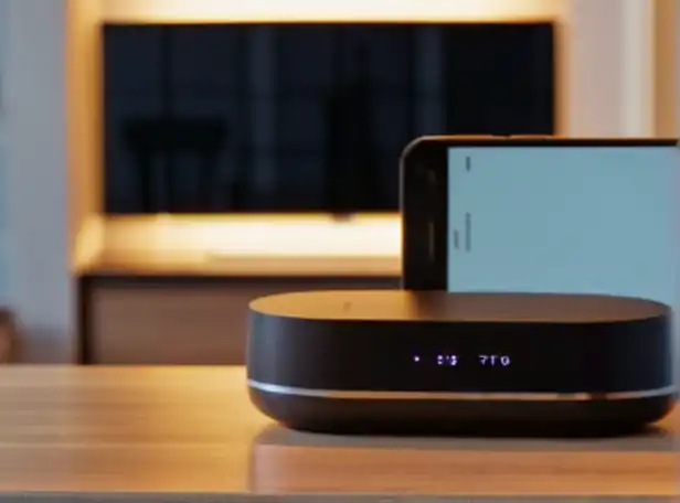 Router and smartphone in a modern home setting