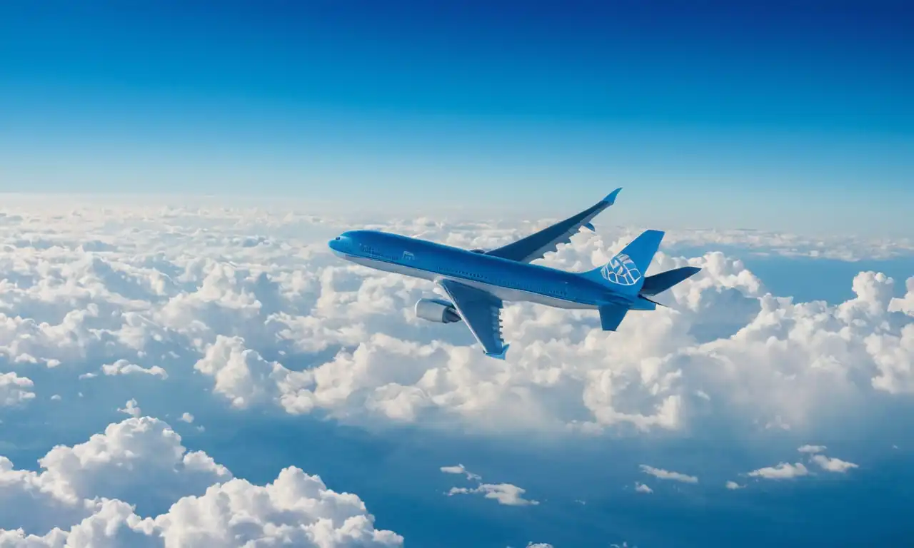 Un avión en el cielo azul, con un precio escrito en una hoja de papel