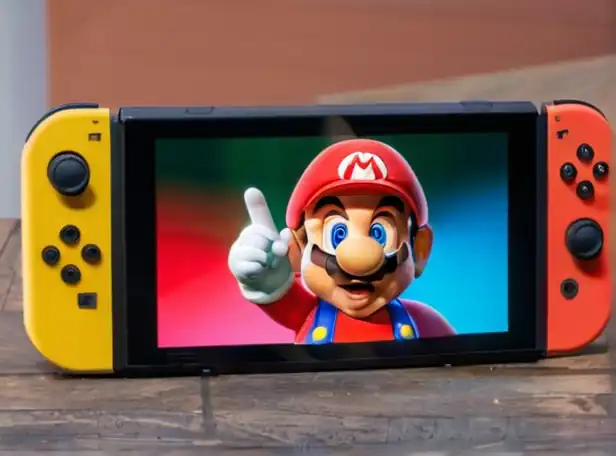 Mario characters jumping on colorful Nintendo Switch screens