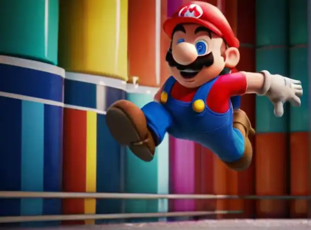 A plumber jumping amidst colorful levels and power-ups