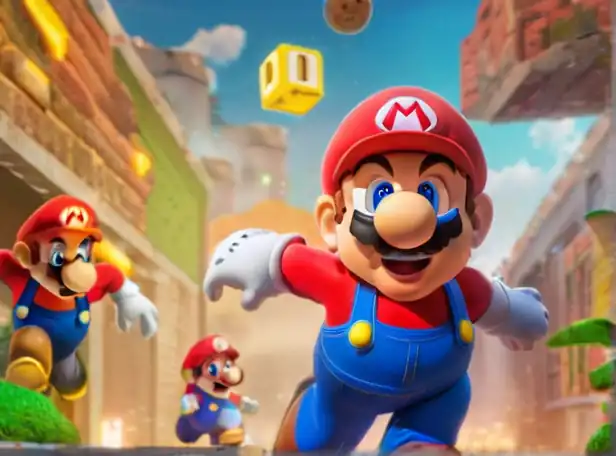 Mario characters jumping and running in a colorful background