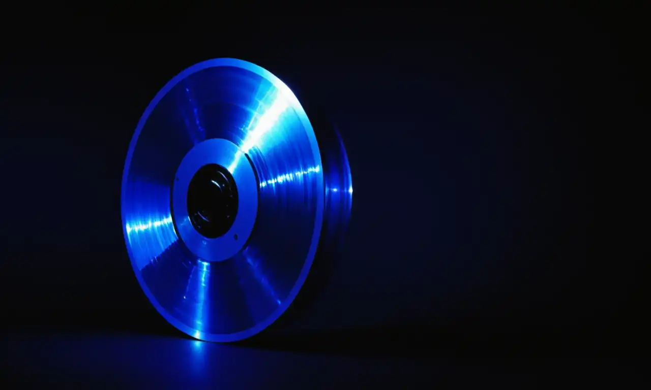 Disco duro azul brillante sobre fondo oscuro