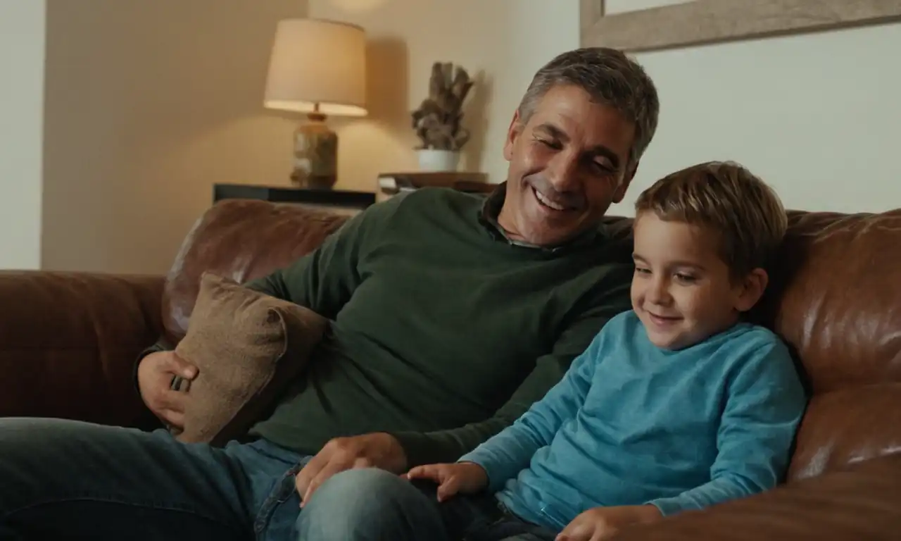 Un niño sonriente con su padre sentado en un sofá