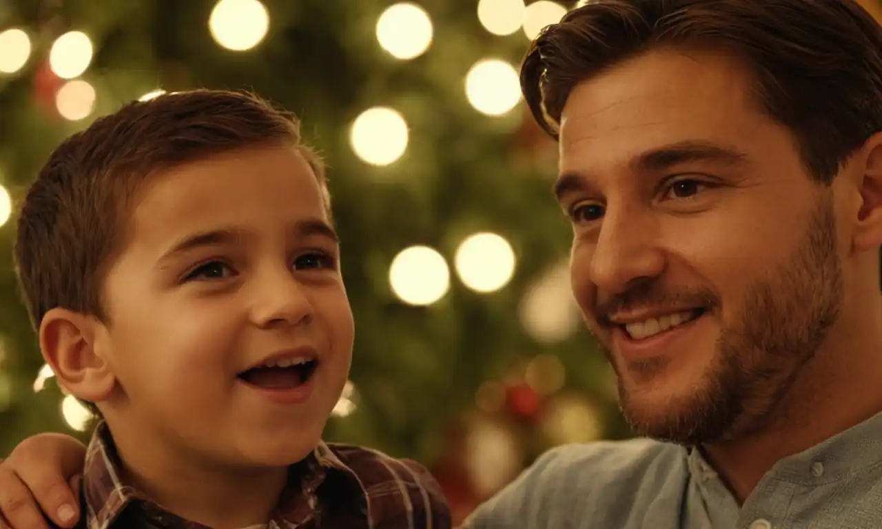 Un padre feliz con su hijo, con fondo de fiestas y luces