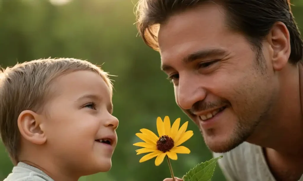 Un niño sosteniendo una flor junto a un padre sonriente