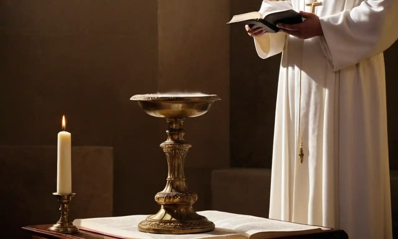 Baptismal font, white robe, Holy Bible, dove descending