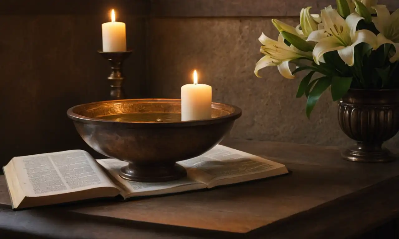 Baptismal font, water, candles, Bible, and lilies