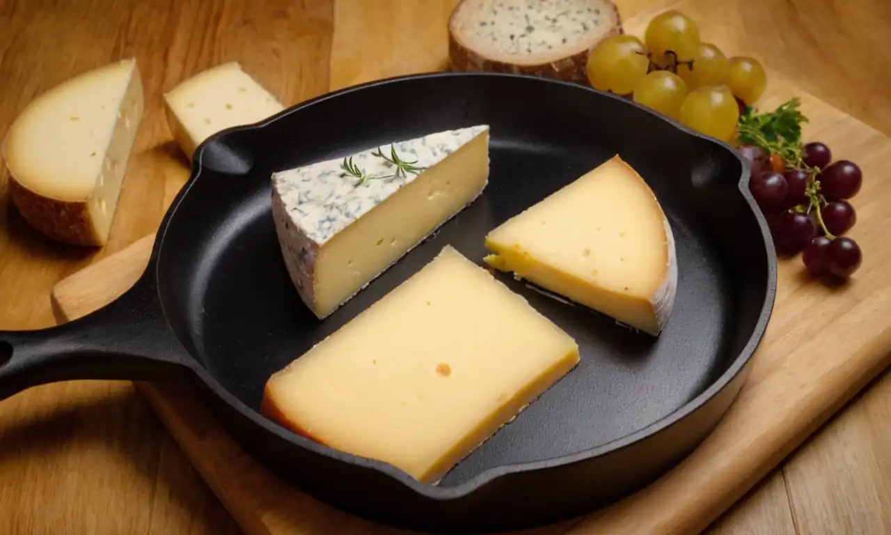 Gourmet cheese platter, wooden cutting board, sizzling skillet