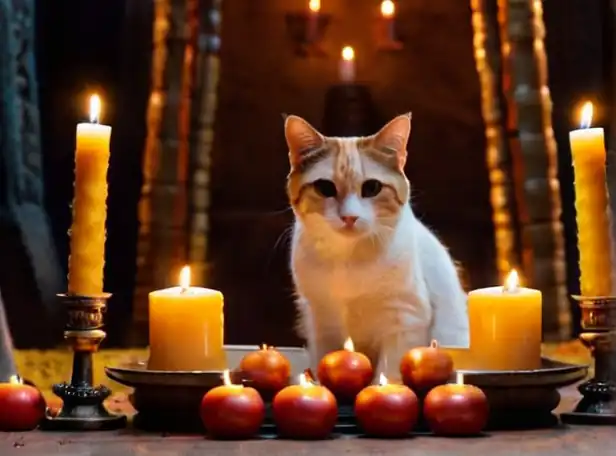 A cat sitting atop a mystical altar surrounded by candles