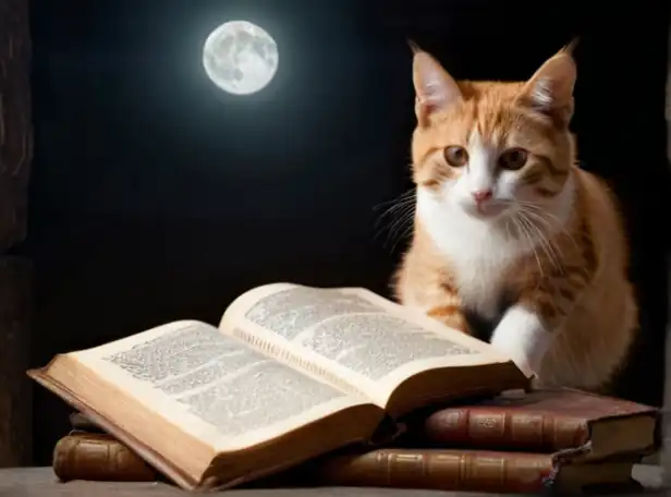 A mysterious cat sitting on top of a mystic ancient book