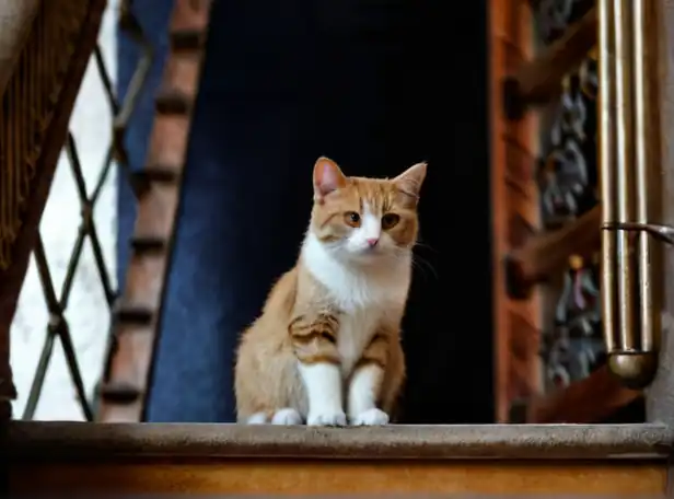 A mystical cat sitting atop a mysterious staircase