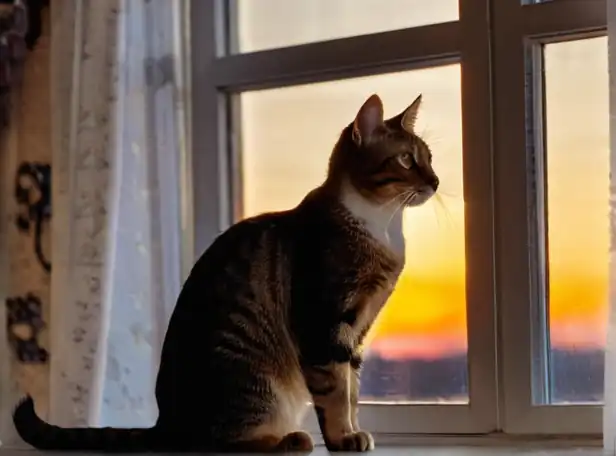 Whimsical cat standing on a windowsill at sunset