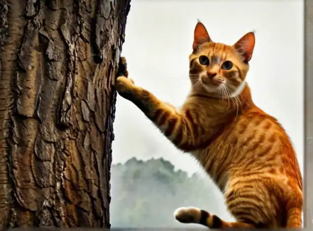 A cat climbing a tree with misty surroundings