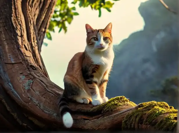 Whimsical cat sitting atop mysterious ancient tree