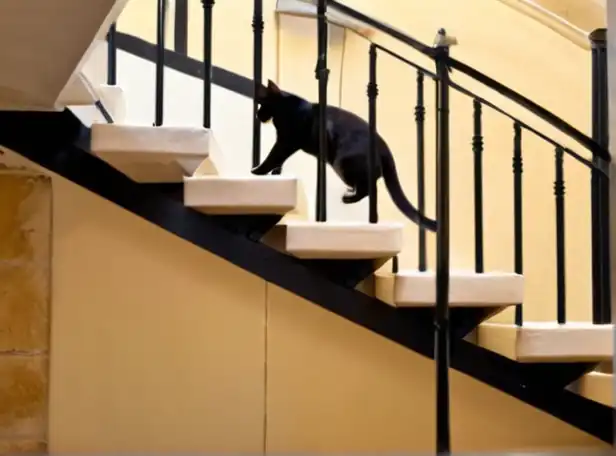 A curious cat climbing a staircase