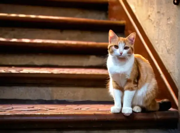 A curious cat sitting atop a mysterious staircase