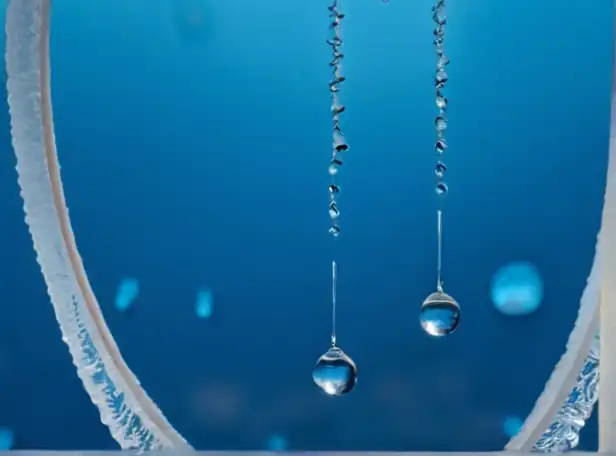 Frozen droplets suspended in mid-air amidst icy blue background