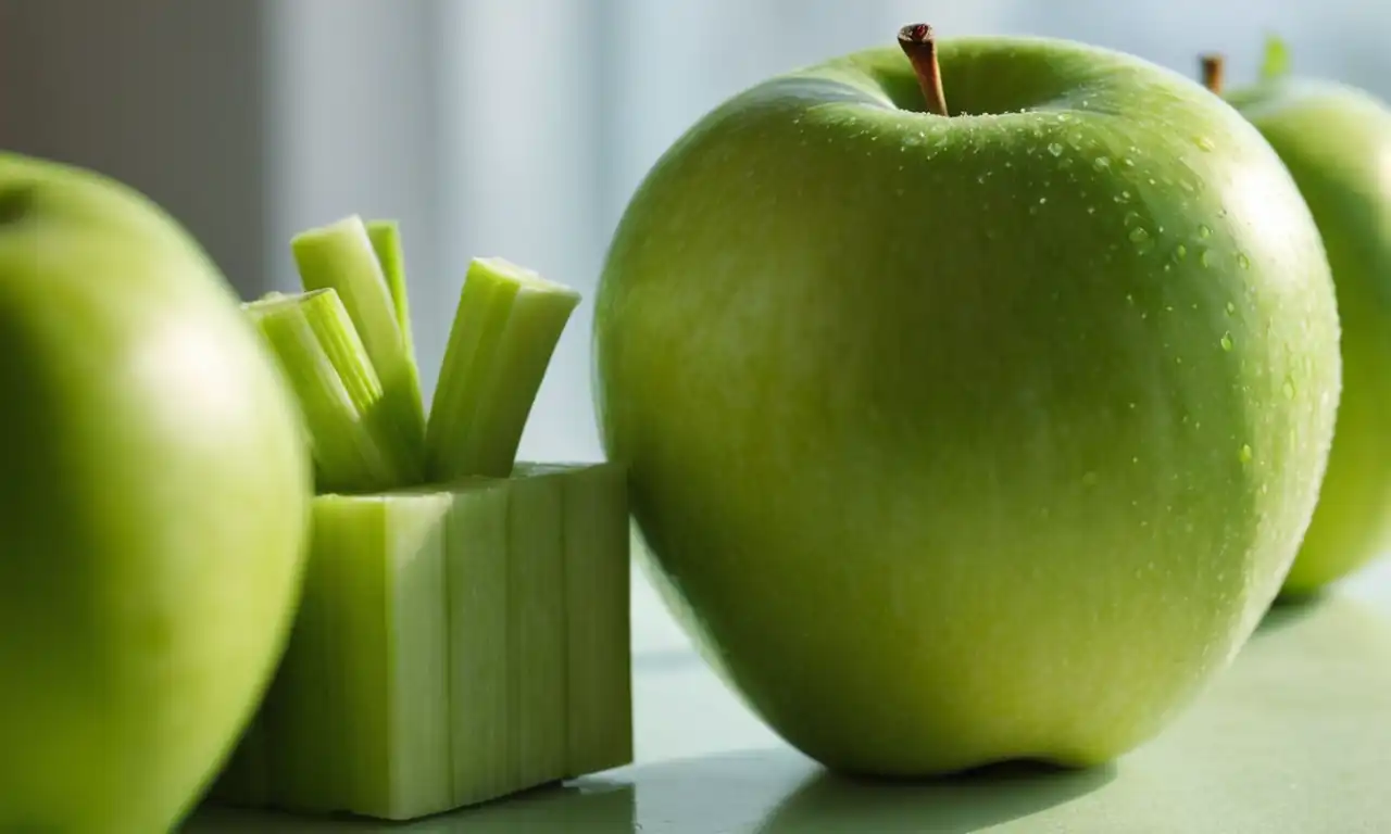 Green apple, celery stalks, refreshing glass, sunny background