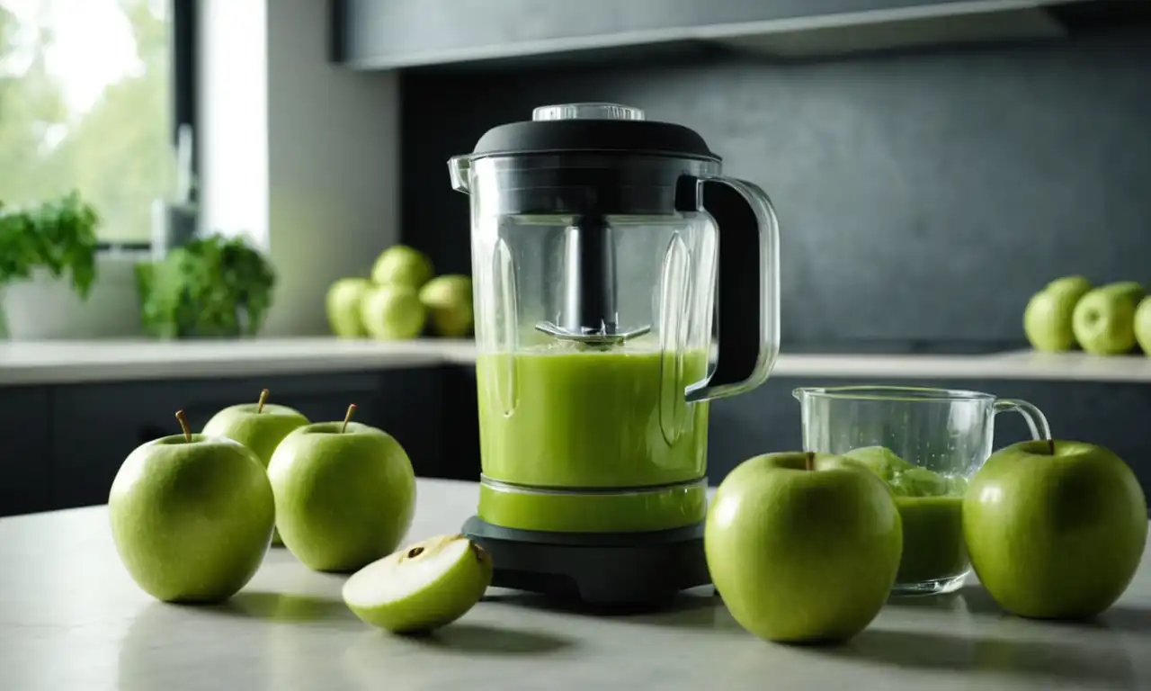 Fresh green apples, juicer blender, glass jar, healthy drink splash