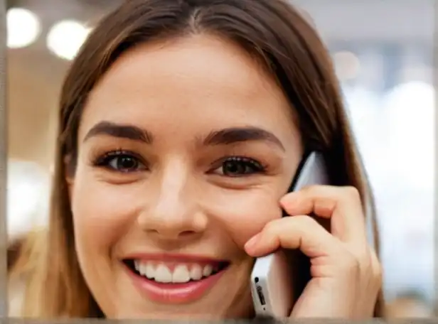 A person smiling on a smartphone amidst a blurred background of photos