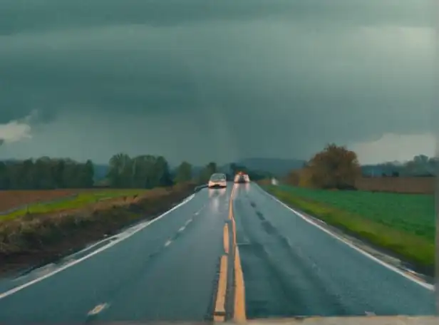 Rainy road with cars driving slowly in caution