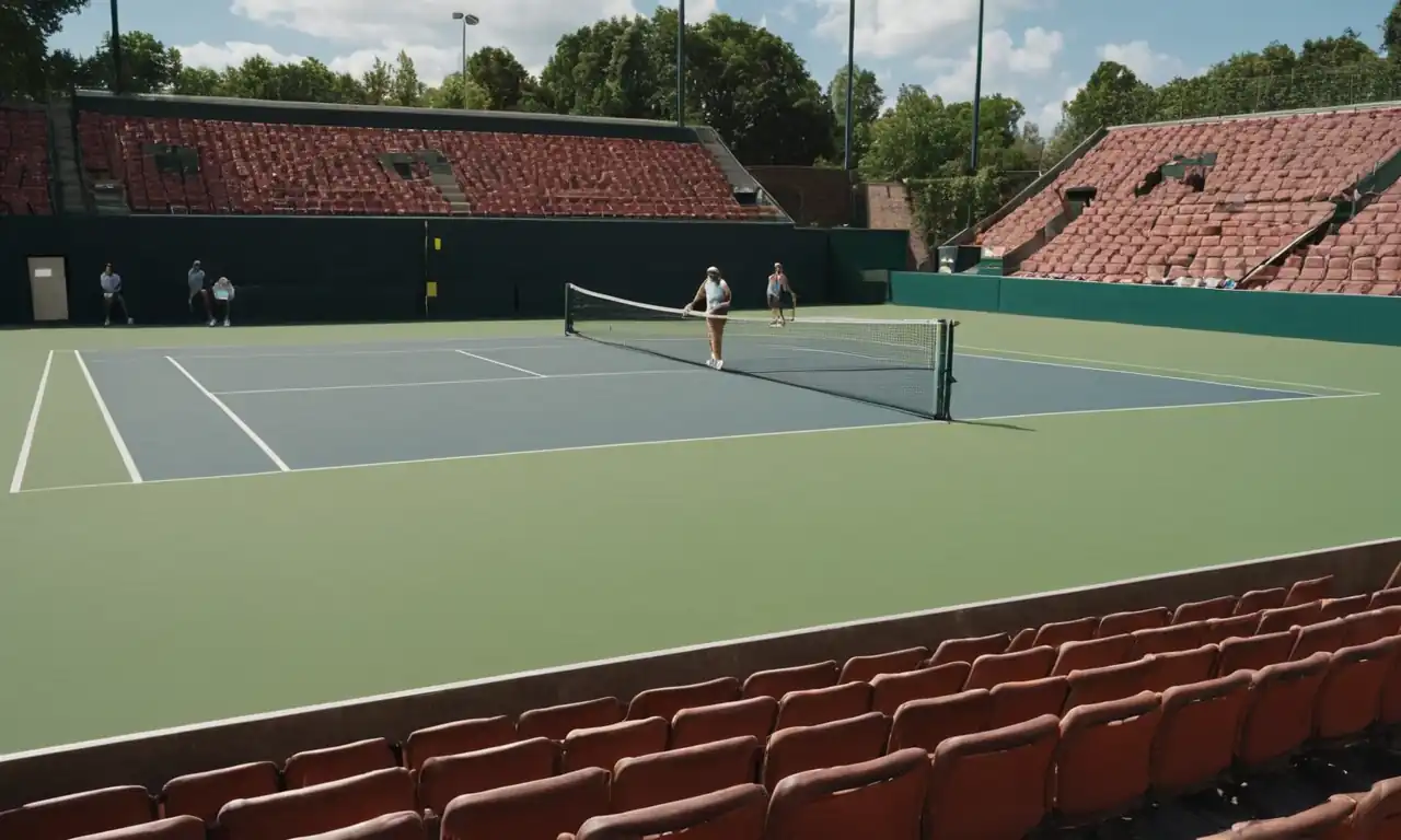 Tennis player court, stadium seats, ball bouncing, broadcast equipment