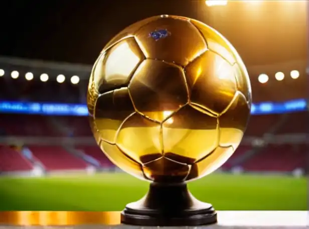 Golden ball award on TV screen with football pitch in background