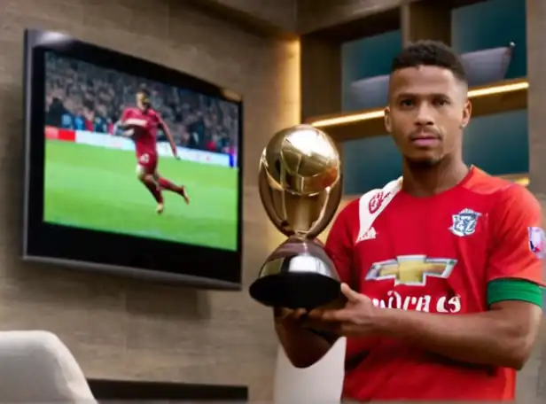 Football player holding trophy in front of TV