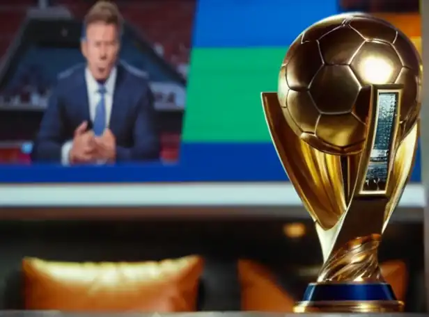 Football star holding trophy amidst TV screens and broadcasting symbols