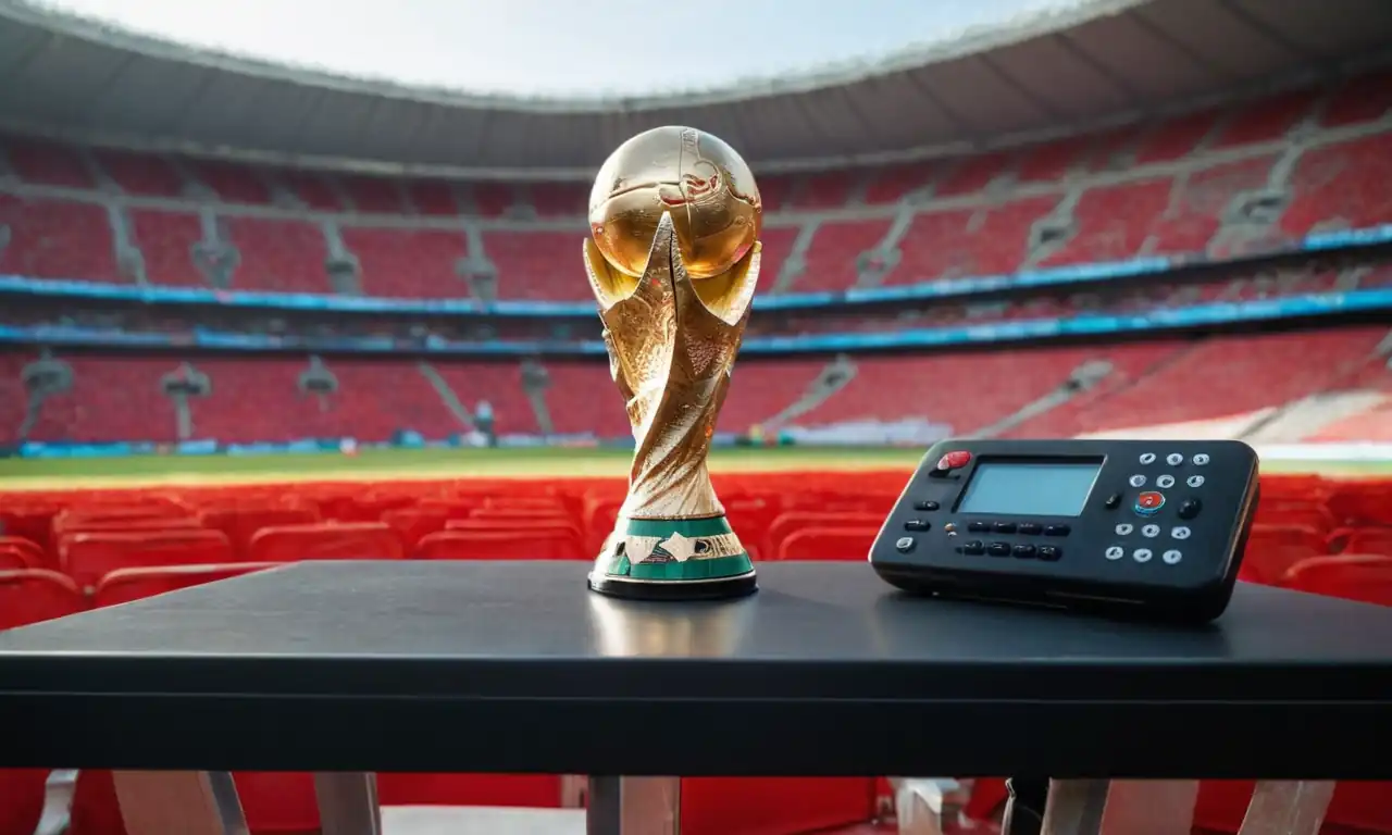 World Cup trophy, stadium seats, television remote control, digital clock