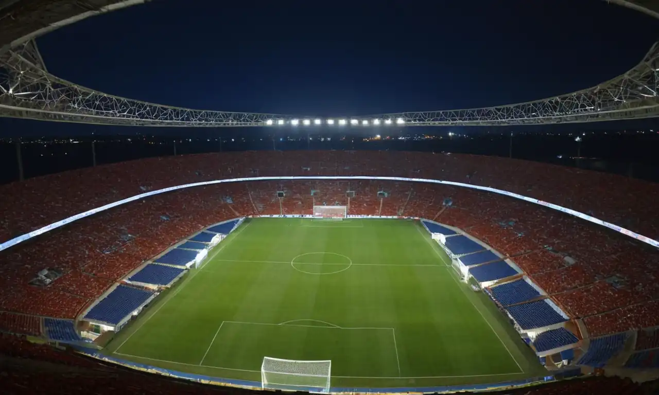 Soccer stadium, TV screens, satellite dish, cityscape at night