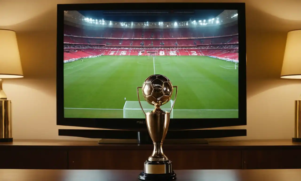 TV screens, football pitch, trophy, calendar