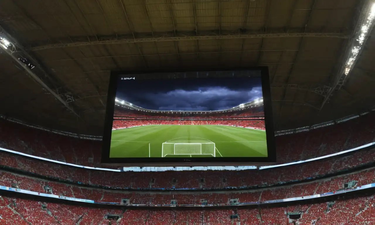 European football stadium, TV screen, schedule clock