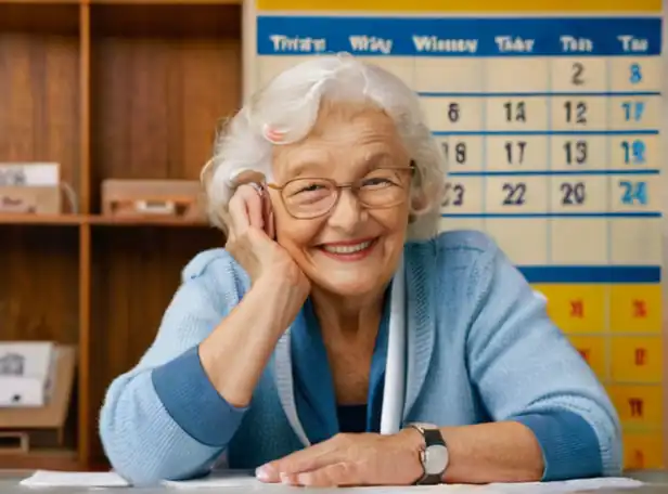 Elderly person smiling with piggy bank surrounded by calendar pages