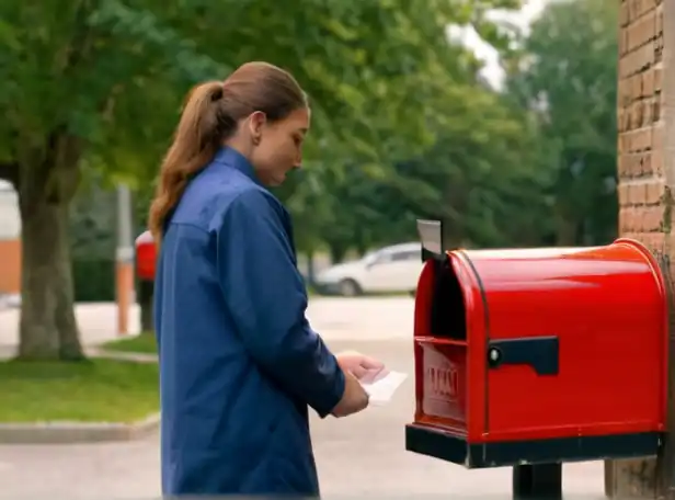 A postal worker checking a package at a mailbox