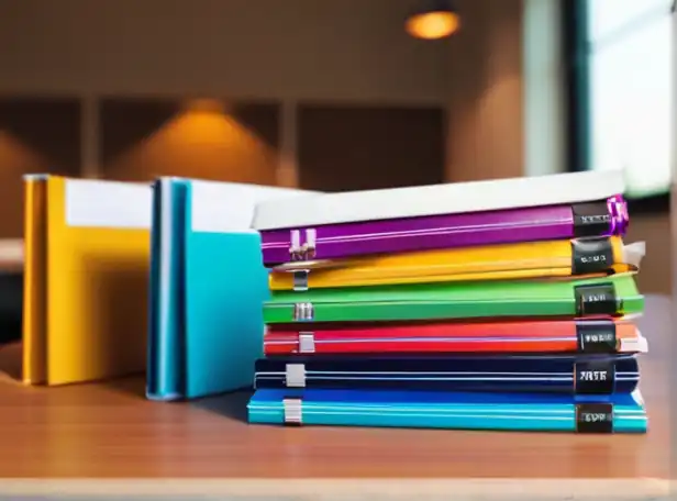 5 colorful Word documents on a desk with papers stacked neatly