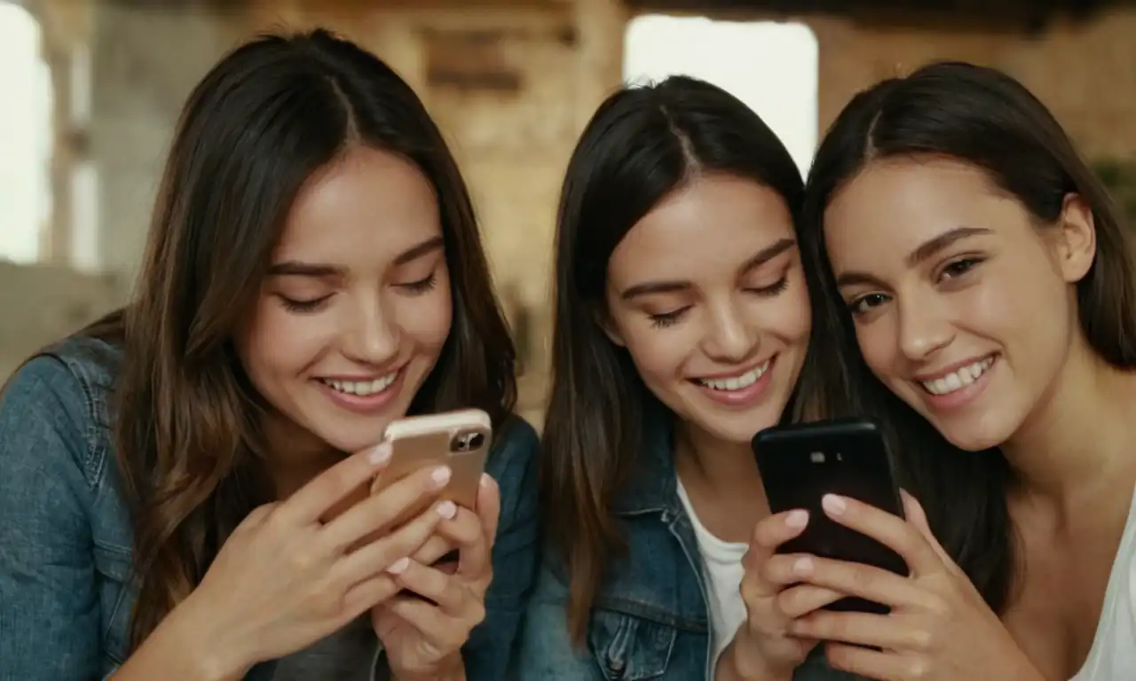 3 personas sonrientes enviando mensajes rápidas en smartphones