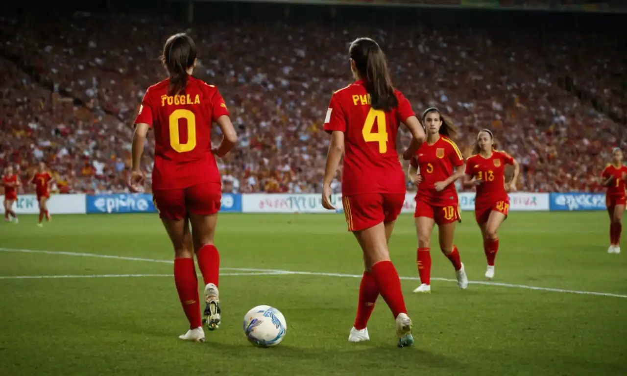 Spanish female football players on a stadium pitch