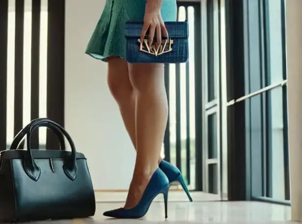 Stylish woman combining matching shoes with handbag