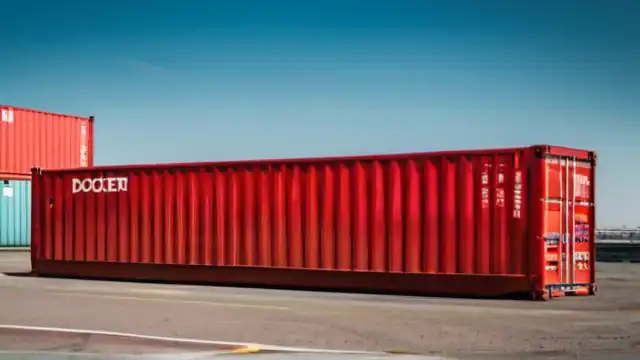 Un contenedor Docker con un sello rojo indicando error y un servidor HTTPS