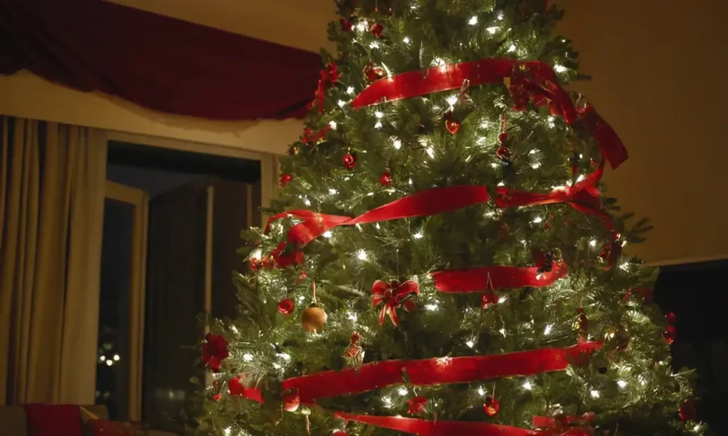 Un árbol de Navidad impresionante y monumental en un escenario festivo