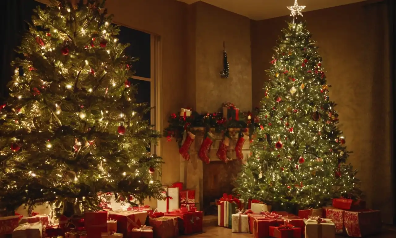 Un gran árbol de Navidad decorado con luces y adornos, en un escenario festivo