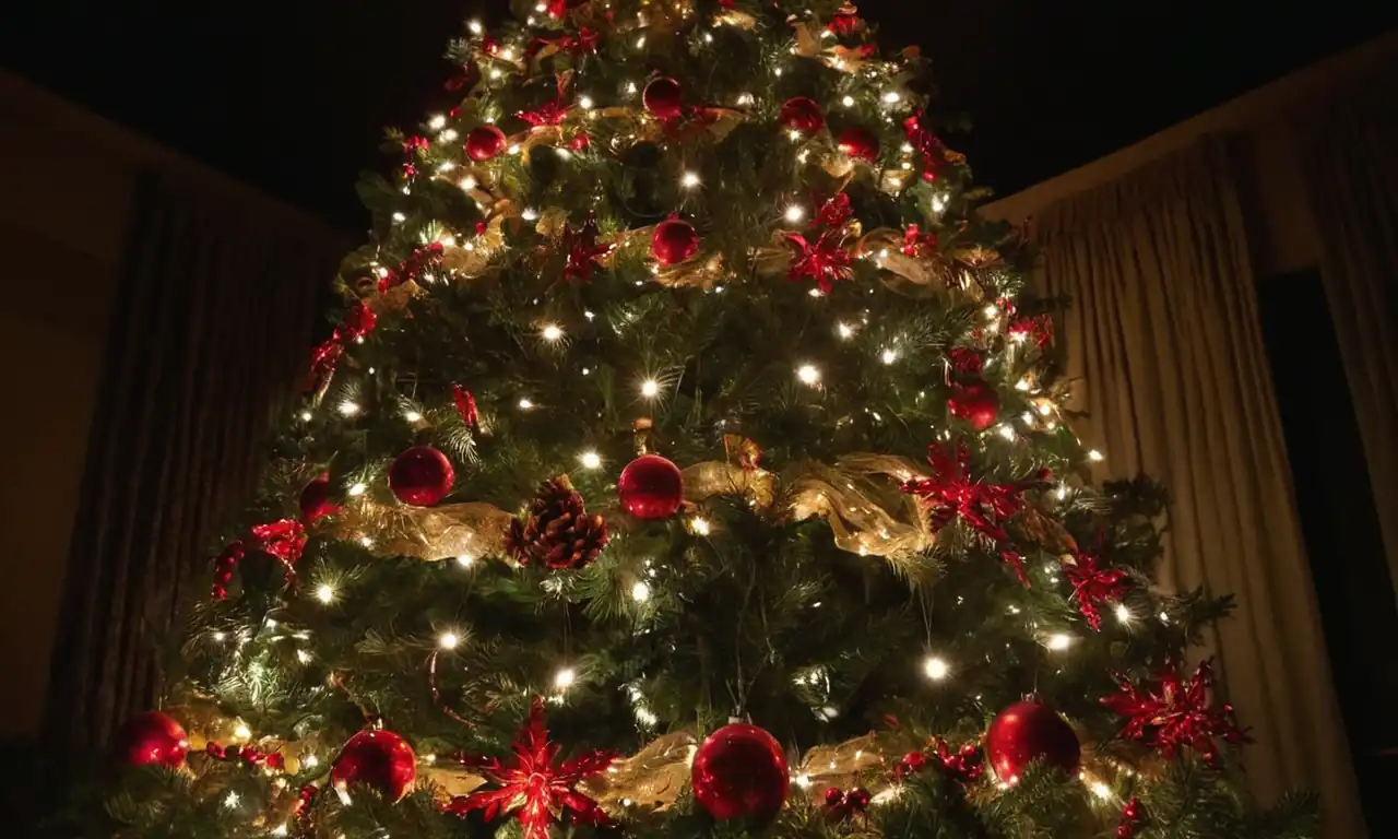 Un árbol de Navidad gigante rodeado de luces y decoraciones, en un fondo oscuro