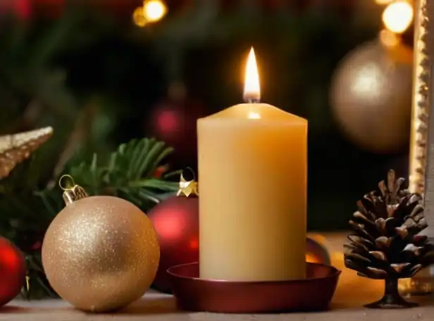 Flickering candle surrounded by Christmas ornaments and family photos